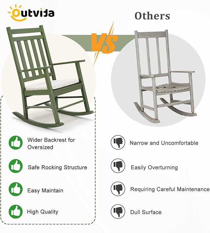 Outvita Outdoor Rocking Chair, Solid Wood High Back Rocker, All Weather Lounge Chair with Padded Cushions for Porch Patio Fire Pit Garden Backyard Deck Indoor, Green