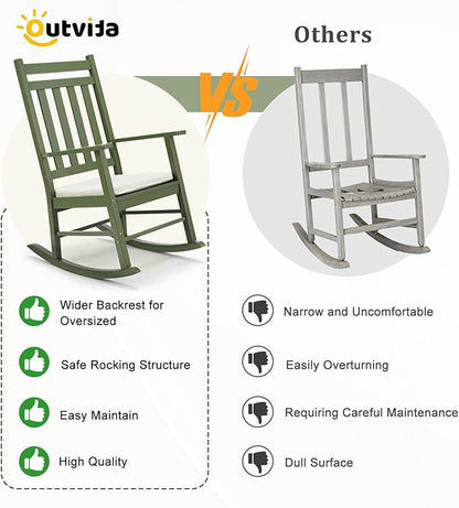 Outvita Outdoor Rocking Chair, Solid Wood High Back Rocker, All Weather Lounge Chair with Padded Cushions for Porch Patio Fire Pit Garden Backyard Deck Indoor, Green