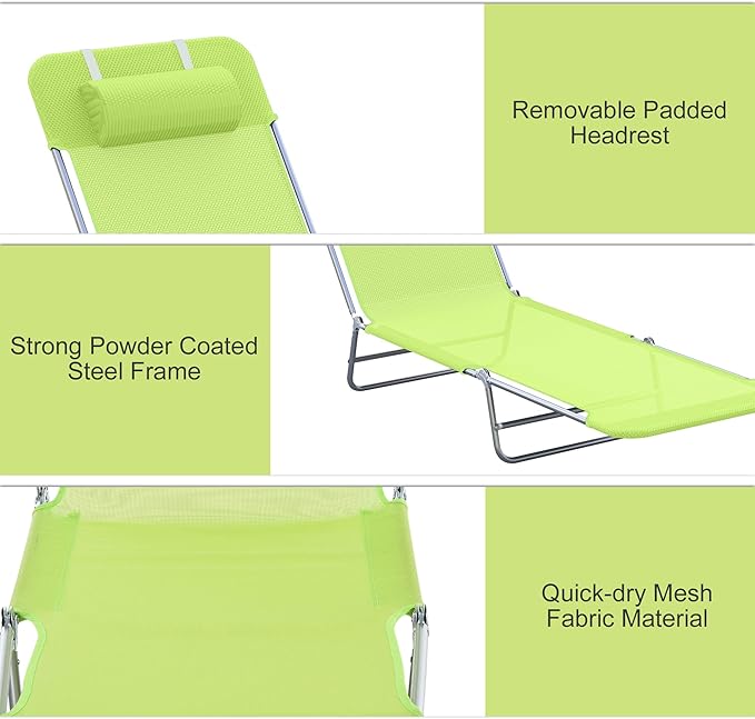 Outsunny Folding Chaise Lounge Pool Chairs, Outdoor Sun Tanning Chairs with Pillow, Reclining Back - Photo 5