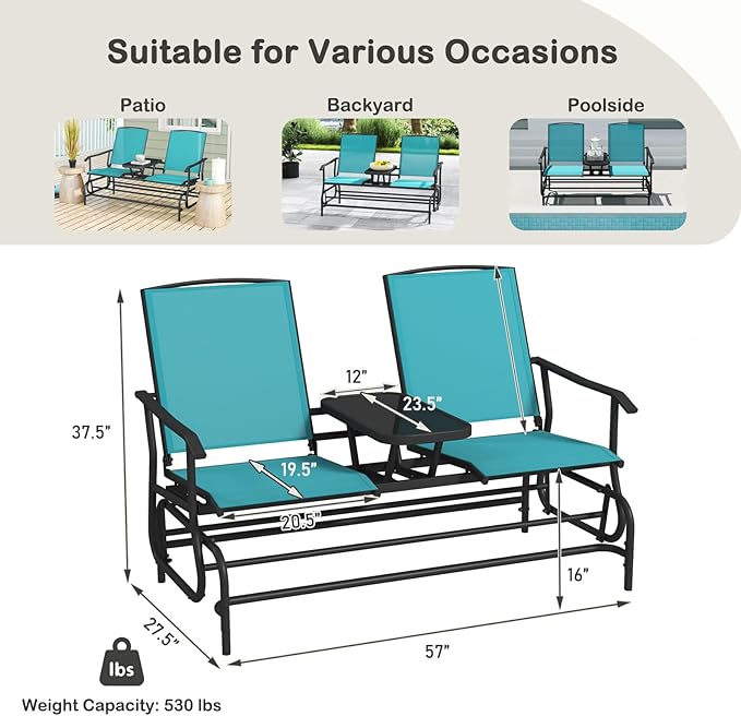 Tangkula 2 Person Swing Glider Chair, Patio Rocking Loveseat w/Center Tempered Glass Table, Outdoor Swing Bench w/Steel Frame & Breathable Mesh Fabric for Porch, Balcony, Poolside (Turquoise)
