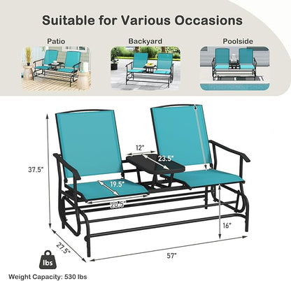 Tangkula 2 Person Swing Glider Chair, Patio Rocking Loveseat w/Center Tempered Glass Table, Outdoor Swing Bench w/Steel Frame & Breathable Mesh Fabric for Porch, Balcony, Poolside (Turquoise)