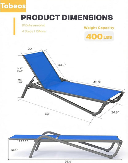 Outdoor Chaise Lounge Chair Set of 2, 5-Position Adjustable Patio Lounge Chair with Aluminum Frame, Textilene Fabric Pool Loung Chairs for Poolside, Deck, Backyard (Royal Blue)