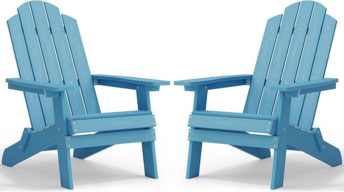 MXIMU Folding Adirondack Chair for Outdoor: Easy to Assemble and Comfortable Adirondack Chairs Set of 2 - All Weather Composite Plastic Chair for Outside Fire Pit Patio Lawn Garden Backyard Use(Blue)