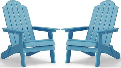 MXIMU Folding Adirondack Chair for Outdoor: Easy to Assemble and Comfortable Adirondack Chairs Set of 2 - All Weather Composite Plastic Chair for Outside Fire Pit Patio Lawn Garden Backyard Use(Blue)