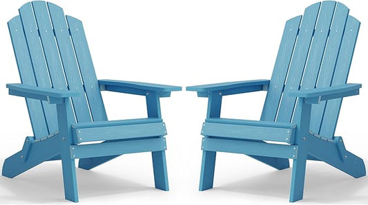 MXIMU Folding Adirondack Chair for Outdoor: Easy to Assemble and Comfortable Adirondack Chairs Set of 2 - All Weather Composite Plastic Chair for Outside Fire Pit Patio Lawn Garden Backyard Use(Blue)