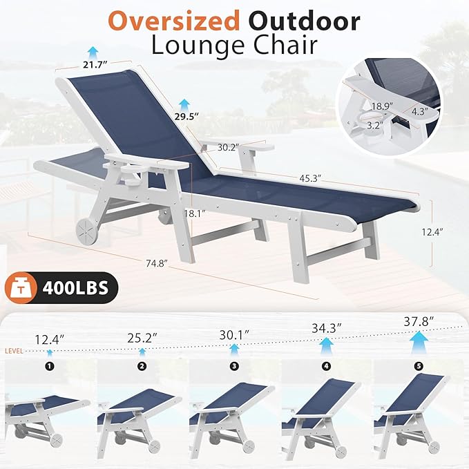 Outdoor Chaise Lounge Chair with Table Set of 3, 5-Position Adjustable Pool Lounge Chair with Wheels & Cup Holder - Photo 3