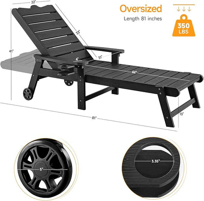 ONBRILL Patio Chaise Lounge Set of 2, Outdoor Lounge Chairs with 5-Level Adjustable Backrest, CupHolder, No Fade, No Break, 350lbs Capacity, HDPS Material, Black