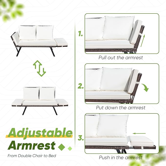 Greesum Outdoor Sofa, Woven Rattan Patio Furniture, Convertible Daybed or Double Chair with Adjustable Armrests - Photo 6
