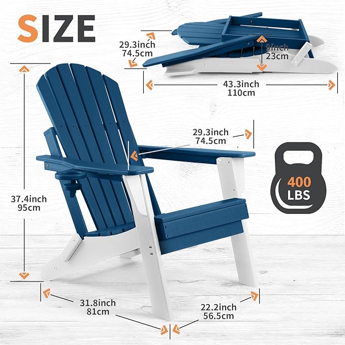 FUNBERRY Folding Adirondack Chair Set of 3, All Weather HDPE Fire Pit Chairs with Cup Holder for Outdoor