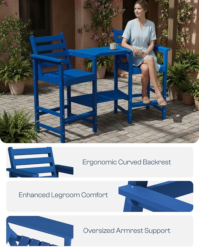Tall Adirondack Chairs Set of 2, Bar Height HDPE Outdoor Chairs with Connecting Tray & Umbrella Hole, Balcony Patio Adirondack Chairs for Deck, Garden, Lawn(Navy Blue)