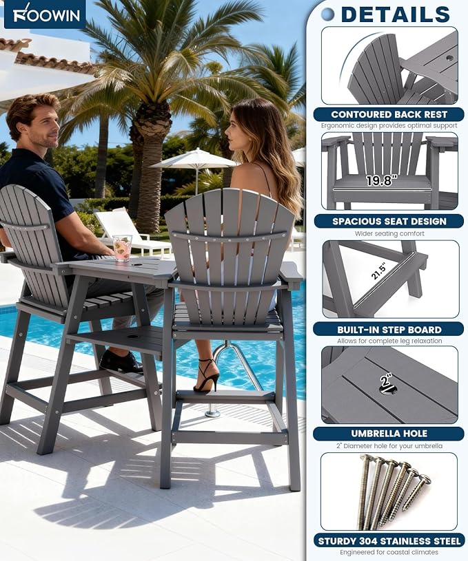 FOOWIN Tall Adirondack Chair Set of 2, All Weather HDPE Bar Height Adirondack Chair with Double Connecting Trays - Photo 5
