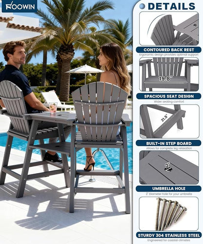 FOOWIN Tall Adirondack Chair Set of 2, All Weather HDPE Bar Height Adirondack Chair with Double Connecting Trays, Adirondack Barstools for Balcony, Deck, Backyard, Patio, Garden Grey