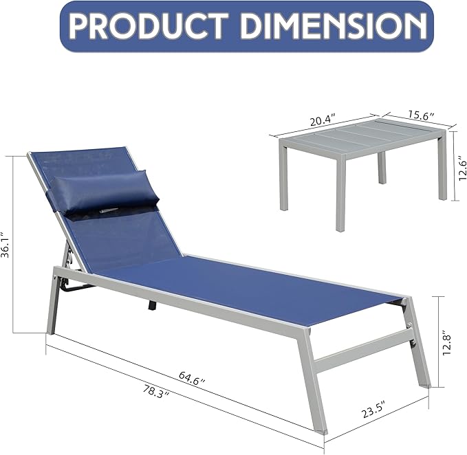 Domi Patio Chaise Lounge Set of 3, Aluminum Pool Lounge Chairs with Side Table - Photo 2