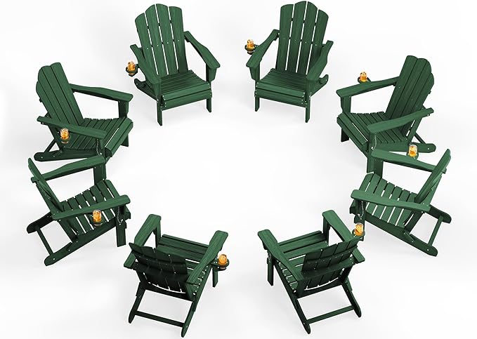 KINGYES Folding Adirondack Chair Set of 8, HDPE All-Weather Folding Adirondack Chair, Green