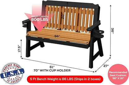 3-Person 5FT Plastic Poly Lumber Wood Cup Holders Bench Amish Craftsmanship Made in USA HDPE with No wood fibers Memorial Patio Outdoor Garden Porch Church Logan Series Signature design 800 lbs Limit