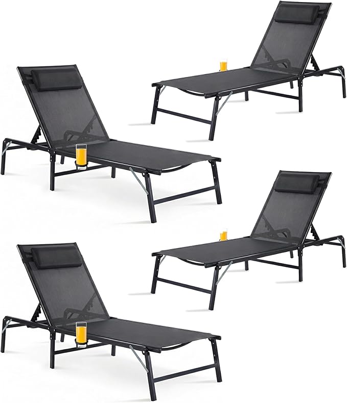 4 Pack Foldable Chaise Lounge Chair with Cup Holder - Photo 1