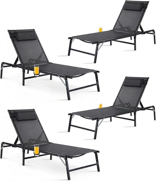 4 Pack Foldable Chaise Lounge Chair with Cup Holder, Assemble-Free Outdoor Lounge Chair with Detachable Pillow and 6 Adjustable Backrest, Patio Lounge Chair for Outside Poolside Beach Pool, Black