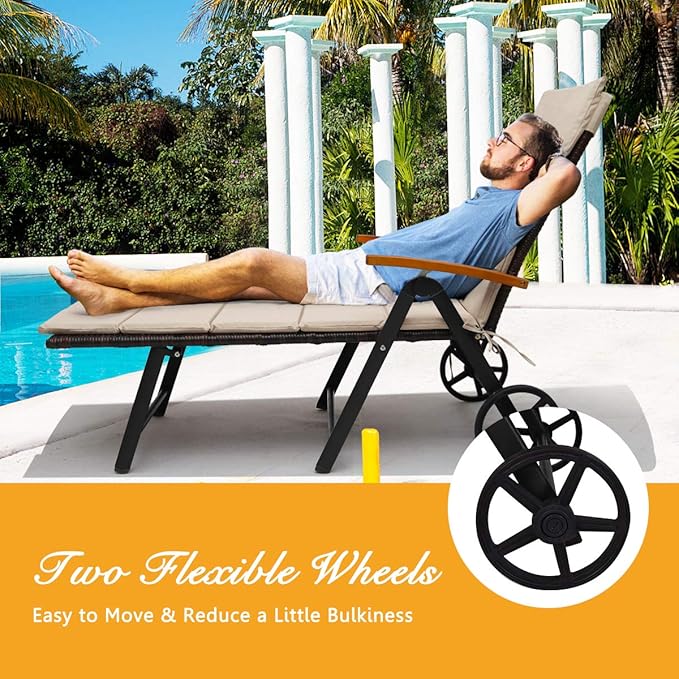 Tangkula Foldable Outdoor Chaise Lounger, Wicker Lounger Chair with Aluminum Black Frame, Wheels for Easy Moving - Photo 6