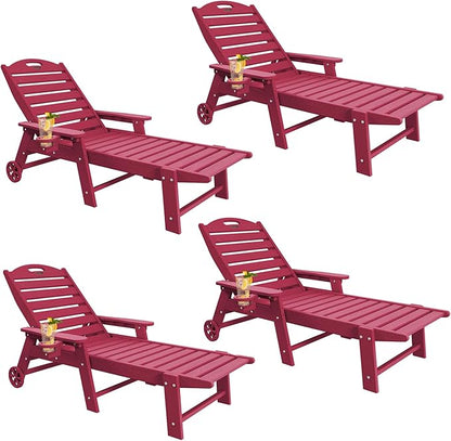 Chaise Lounge Chair Outdoor with Wheels Set of 4, Adjustable 5-Position Chaise Lounge Outdoor with Wood Texture, Patio Lounge Chair for Poolside Backyard, Red