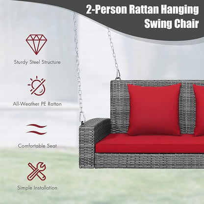 RELAX4LIFE 2-Person Porch Swing Bench - PE Rattan Outdoor Swing Chair with Comfortable Seat & Back Cushions, Rustproof Metal Chains, Patio Loveseat Swing for Balcony, Garden, Yard, 800 LBS (Red)