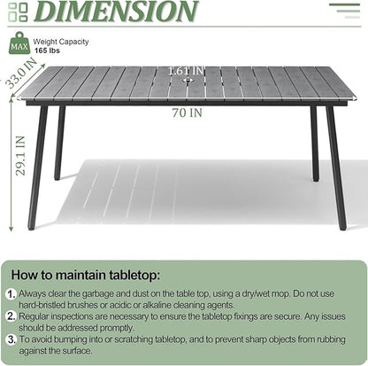 70" Patio Outdoor Dining Table for 6, Weather-Resistant Aluminum Frame with Wood-Grain Top & Umbrella Hole for Deck Gatherings, Grey