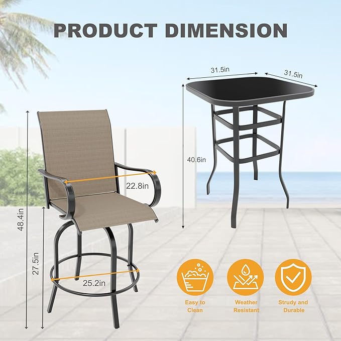 IDEALHOUSE 5 PCS Outdoor Bar Height Dining Set, 4 Swivel Bar Stools with 1 High Top Glass Table, All-Weather Metal & Textilene Patio Furniture Set for Backyard, Porch, Balcony, Poolside, Garden