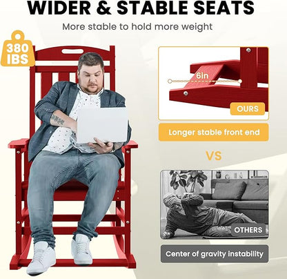 LOUNZY Outdoor Rocking Chair, HDPE Patio Rocking Chair with Footboard for Adults, All Weather Heavy Duty Front Porch Rocker, Dark Red