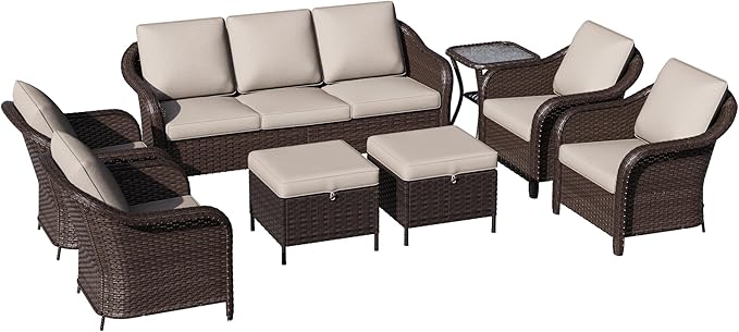 8 Piece Patio Wicker Conversation Set, All-Weather Use Outdoor Wicker Sofa with 2 PE Rattan Ottomans, 4 Chair - Photo 8