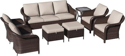 8 Piece Patio Wicker Conversation Set, All-Weather Use Outdoor Wicker Sofa with 2 PE Rattan Ottomans,4 Chair, 1 Side Table, Ideal for Porch, Backyard, Balcony, Poolside, Beige