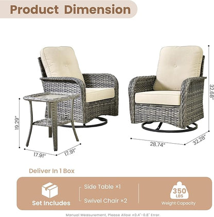 HOOOWOOO Patio Furniture Set,3 Pieces Outdoor Conversation Set,All Weather Wicker High Back Swivel Chairs Bistro Set with Side Table,Beige