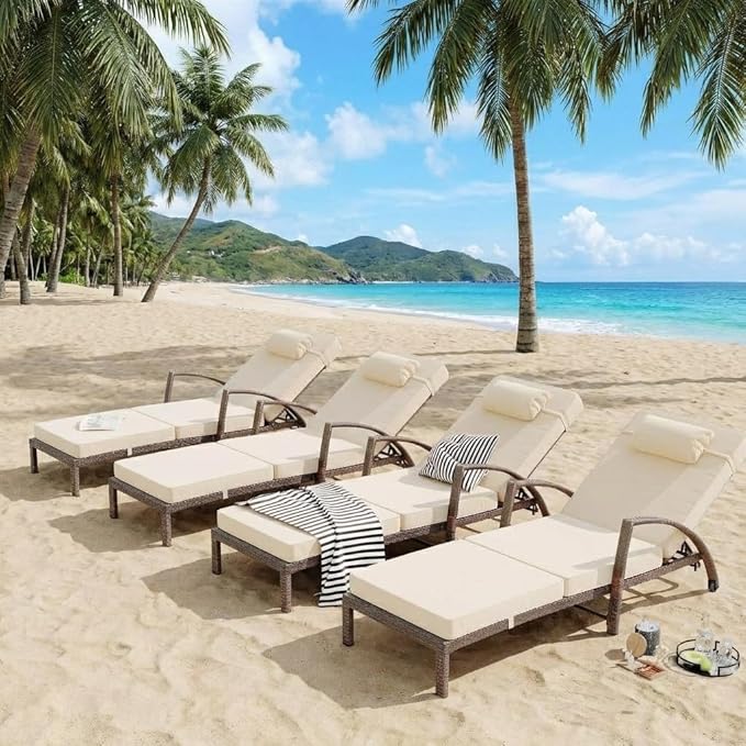 Outdoor Chaise Lounge Set of 2, 5-Position Adjustable PE Wicker Reclining Chairs with Wheels & 3.5" Cushions, 400 lbs Capacity All-Weather Patio Furniture for Poolside, Garden, Beach(Beige)
