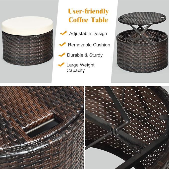 RELAX4LIFE Round Outdoor Daybed with Canopy, Rattan Wicker Sectional Sofa Set w/Cushions, Height Adjustable Table, Conversation Bed Lounger Separated Seating for Outside Pool, Patio Daybed (Off White)