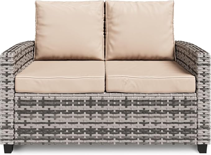 Outdoor Patio Loveseat, All-Weather Outdoor Wicker Sofa with Comfy Cushions, Patio Furniture Set 2 Person Couch - Photo 5