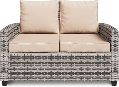 Outdoor Patio Loveseat, All-Weather Outdoor Wicker Sofa with Comfy Cushions, Patio Furniture Set 2 Person Couch, High Back Rattan Couch for Garden, Balcony, and Deck- Beige