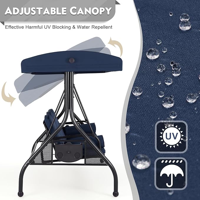 HOMREST 3 Seat Outdoor Porch Swing with Adjustable Canopy, Convertible Patio Swing Bed with Stand - Photo 2