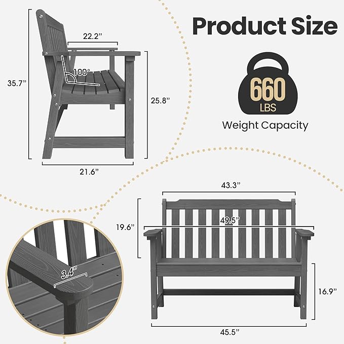 Ciokea 49" Heavy Duty Outdoor Bench Set of 2, HDPE Weatherproof Garden Bench, 2-Person Memorial Benches with 660 Lbs, Waterproof Patio Porch Benches for Outside Business Office Backyard, Dark Grey