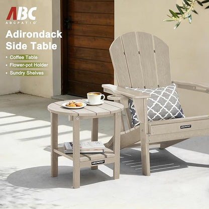 Outdoor Side Table Round - Patio Side Tables - HDPE Small Outdoor End Table for Backyard Pool Porch Balcony - Double Layer Storage - Sand (Wood Grain Finish)