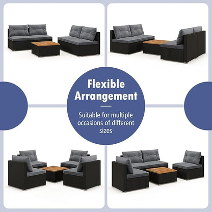 Tangkula 5 Piece Rattan Sofa Set, Outdoor Wicker Furniture Set w/Seat & Back Cushions, Square Coffee Table, Patio Sofa Set for Backyard, Poolside (Grey)