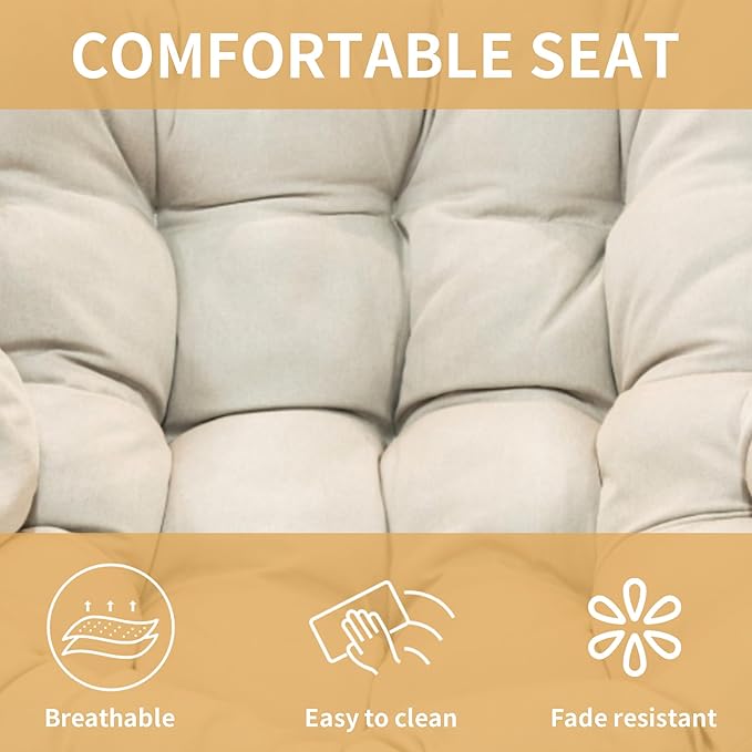 FLEXISPOT Papasan Rocking Chair with Thick Cushion, Indoor Outdoor Lounge Accent Chair with Sturdy Metal Frame Base, Cozy Reading Rocker for Living Room, Bedroom, Balcony-Beige