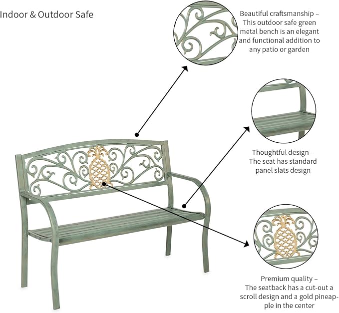 Plow & Hearth Weatherproof Pineapple Outdoor Bench | Holds Up to 300 lbs | Garden Patio Porch Park Deck | Metal | Green