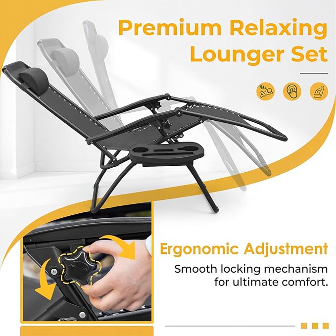 Greesum Zero Gravity Chairs Set of 2 Adjustable Steel Mesh Recliners Beach Deck Lawn Camping Patio Foldable Lounge - Photo 5