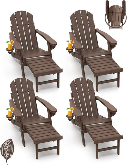 GREENVINES Adirondack-Chairs-with-Ottoman | Set of 4 | Wood Grain | Dark Brown | Folding | Retractable-Footrest | HDPE Plastic | All Weather Fire Pit Chair | Cup Holders | for Outdoor Poolside