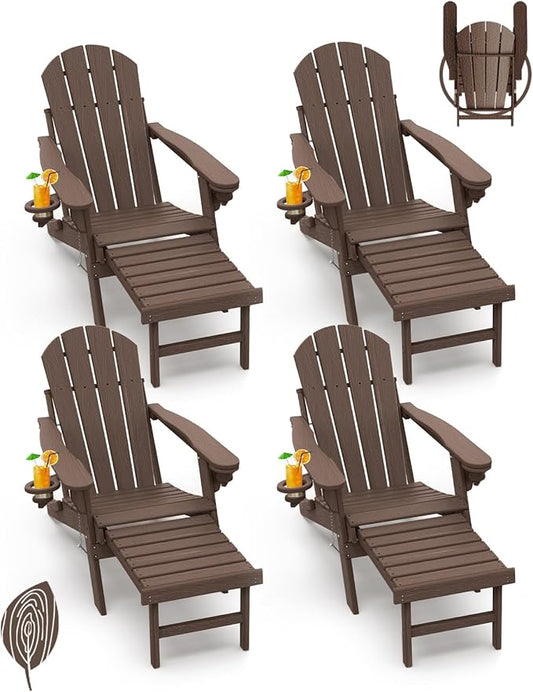 GREENVINES Adirondack-Chairs-with-Ottoman | Set of 4 | Wood Grain | Dark Brown | Folding | Retractable-Footrest | HDPE Plastic | All Weather Fire Pit Chair | Cup Holders | for Outdoor Poolside