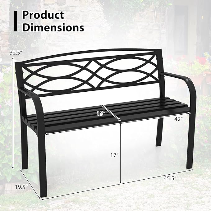 Tangkula Outdoor Metal Garden Park Bench, Heavy-Duty Metal Slatted Loveseat for 2 People with Curved Armrests & Backrest, Patio Park-Style Seating Furniture for Backyard, Poolside, Porch