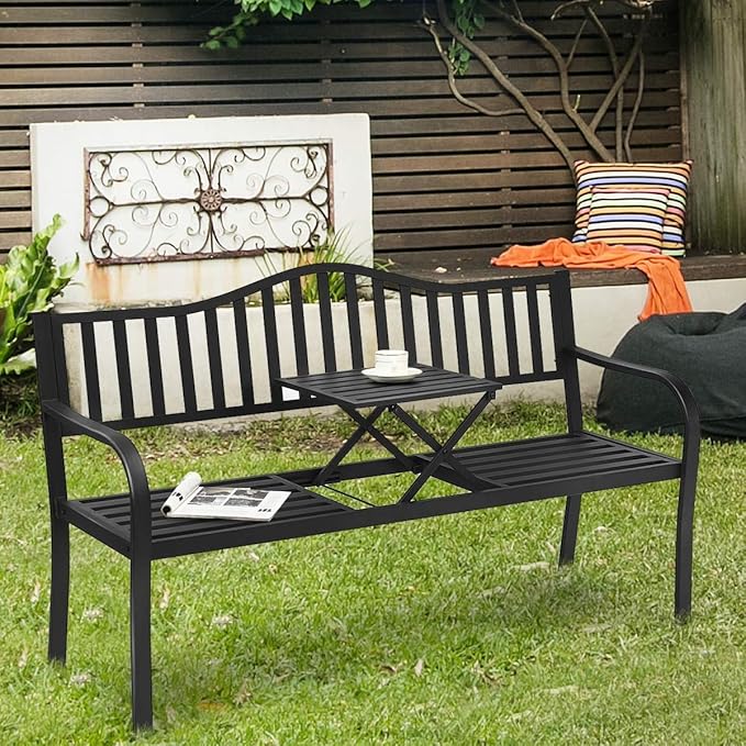 HAPPYGRILL Outdoor Garden Bench Metal Patio Loveseat Benches with Pullout Table for Yard Lawn Porch