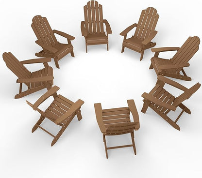 MXIMU Folding Adirondack Chair for Outdoor: Easy to Assemble and Comfortable Adirondack Chairs Set of 8 - All Weather Composite Plastic Chair for Outside Fire Pit Patio Lawn Garden Backyard Use(Teak)