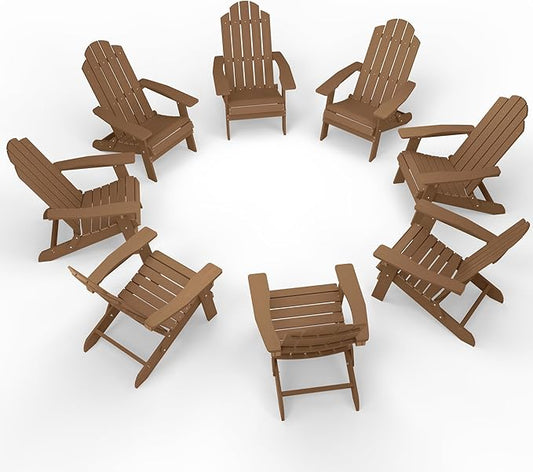 MXIMU Folding Adirondack Chair for Outdoor: Easy to Assemble and Comfortable Adirondack Chairs Set of 8 - All Weather Composite Plastic Chair for Outside Fire Pit Patio Lawn Garden Backyard Use(Teak)