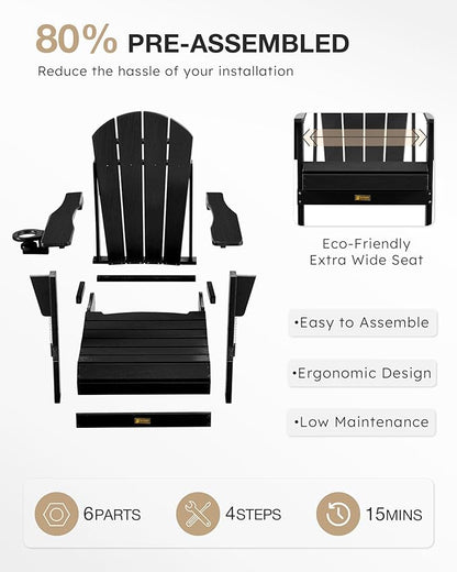 Folding Adirondack Chair, Patio Chair Wood Texture, Outdoor Chair Weather Resistant, Fire Pit Chair with Cup Holder, Composite Adirondack Chair Set of 4(Black)