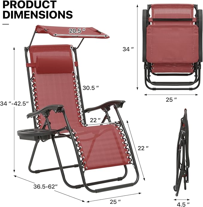 MoNiBloom Patio Zero Gravity Chair Outdoor Recliner Lounger with Canopy Shade and Foot Rest, Cup Holder, 330lbs Capacity - Photo 3