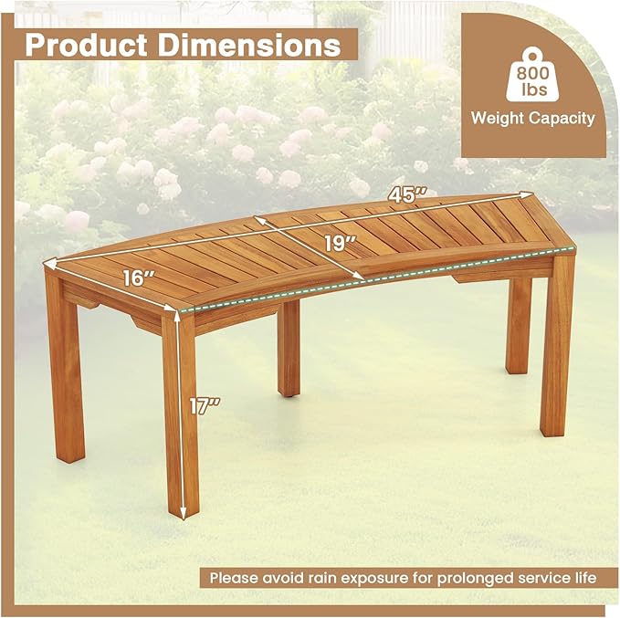 Moccha Outdoor Curved Bench, Acacia Wood Fire Pit Bench w/Slatted Seat, Loveseat, Outside Chair, Patio Backless 2-Person Seating for Balcony Yard Deck Porch 800 LBS Max Load (7, Natural)